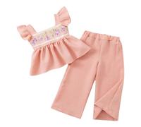Vetement Garcon- Ensemble D'éTé Filles Haut Brodé à Manches Papillon Et Pantalon CôTelé à Jambes Larges Deux PièCes DéContractéEs