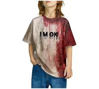 Vêtement Halloween école T shirt Enfant Manches Courtes Col Rond Lettres Allemandes Style Sanglant Haut Décontracté Confortable Respirant Toutes Saisons(Watermelon Red3, 140 130-140cm/51.18-55.12'')