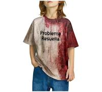 Vêtement Halloween école T shirt Enfant Manches Courtes Col Rond Lettres Allemandes Style Sanglant Haut Décontracté Confortable Respirant Toutes Saisons(Watermelon Red2, 140 130-140cm/51.18-55.12'')