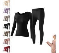 Vêtement intérieur thermique élastique sans couture, sous-vêtements thermiques sans couture ultra fins pour femme, ensemble respirant et antistatique, Noir , L(40-60kg)