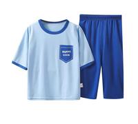 Vêtement Maison Manches Sept Huitièmes Garçon Fille Pyjama Été Léger Moyenne Grande Taille Climatiseur Enfant Décontracté Confortable Deux Pièces(Blue, 11-12Years)