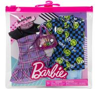 Barbie et Ken Fashion Pack - HBV73 - Ensemble de 2 Tenues - une robe à carreaux + sac à main pour Barbie, chemise habillée + short en jean pour Ken