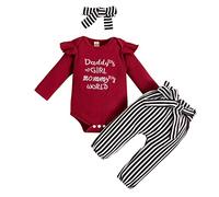 Vêtements Bébé Fille 0-18 Mois Naissance Ensemble de Pyjama Bebe Fille Pas Cher Habit Combinaison Body Bebe Fille Manche Longue Uni Grenouillere + Pantalon À Rayé + Bandeau (3-6 mois, Bordeaux)
