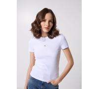 Calvin Klein T-Shirt Manches Courtes Femme Woven Label Rib Tee Slim Fit, Blanc (Brilliant White), M
