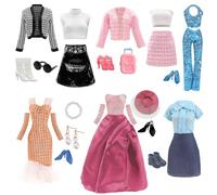 Vêtements compatibles avec les vêtements Barbie - Comprend une robe rose, 5 autres ensembles de mode et 6 paires de chaussures, une valise, un collier de perles, une paire de boucles d'oreilles en