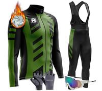 Vêtements Cyclisme Homme Hiver Tenue Cycliste en Polaire Thermique,Ensemble de Combinaisons, Maillot de Velo VTT Manche Longue Jersey et Pantalon à Bretelle avec 9D Coussin Gel (TYP-3,5XL)