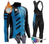 Vêtements Cyclisme Homme Hiver Tenue Cycliste en Polaire Thermique,Ensemble de Combinaisons, Maillot de Velo VTT Manche Longue Jersey et Pantalon à Bretelle avec 9D Coussin Gel (TYP-2,5XL)