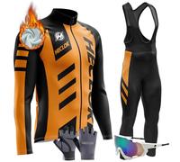 Vêtements Cyclisme Homme Hiver Tenue Cycliste en Polaire Thermique,Ensemble de Combinaisons, Maillot de Velo VTT Manche Longue Jersey et Pantalon à Bretelle avec 9D Coussin Gel (TYP-5,L)
