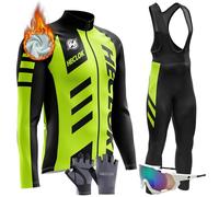 Vêtements Cyclisme Homme Hiver Tenue Cycliste en Polaire Thermique,Ensemble de Combinaisons, Maillot de Velo VTT Manche Longue Jersey et Pantalon à Bretelle avec 9D Coussin Gel (TYP-4,XXL)