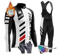 Vêtements Cyclisme Homme Hiver Tenue Cycliste en Polaire Thermique,Ensemble de Combinaisons, Maillot de Velo VTT Manche Longue Jersey et Pantalon à Bretelle avec 9D Coussin Gel (TYP-1,L)