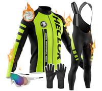 Vêtements Cyclisme Homme Hiver Tenue Cycliste en Polaire Thermique,Maillot Velo VTT Jersey Manche Longue et Pantalon à Bretelle avec 9D Coussin Gel, Coupe-Vent et Chaud MTB (TYP-4,XS)