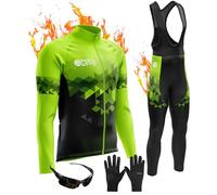 Vêtements Cyclisme Homme Hiver Tenue de Cycliste Manche Longue,Maillot Velo VTT en Polaire Thermique Jerseys et Pantalon à Bretelle avec 9D Coussin Gel (Cycling Jersey Set-6,L)