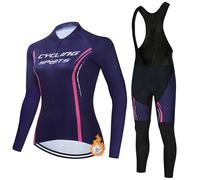 Vêtements Cyclisme Tenue Cycliste Femme Hiver,Maillot Velo VTT en Polaire Thermique Jersey Manche Longue et Cuissard à Bretelle avec 19D Coussin Gel,Ensemble Combinaisons de Cycling Respirant(8,L)