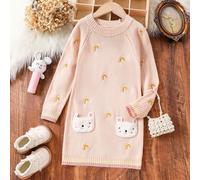 Vêtements d'automne pour jeune fille, robe pull pour fille en automne-hiver avec broderie arc-en-ciel, décor de poche chat mignon, couleur block, robe manches longues pour sortie et voyage, robe rose,