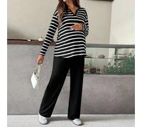 Vêtements d'automne, vêtements d'automne, vêtements de maternité d'automne Ensemble de maternité 2 pièces T-shirt à manches longues col V rayé et pantalon à taille ajustable Ensemble décontracté de ma