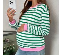 Vêtements d'automne, vêtements d'automne, vêtements de maternité d'automne, Sweat-shirt-shirt ample à manches longues décontracté à rayures vertes contrastées avec rose pour femmes enceintes, top à ma
