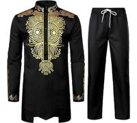 Vêtements de Cérémonie pour Hommes Africains Imprimé Or Chemise et Pantalon Dashiki Vêtements 2 Pièces Tenues Traditionnelles à Manches Longues Survêtement Slim