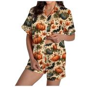 Vêtements de nuit d'Halloween pour femmes 2025 avec chemise et short à quatre boutons - Ensemble 2 pièces - Tenue décontractée - Maillot de bain doux pour jeunes garçons, beige, 3XL