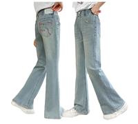 Vêtements de pluie 92 pour fille - Pantalon brodé - Taille élastique - Jambes larges - Jeans ample - Décontracté - Avec poches - Legging pour fille - 128, bleu clair, 7-8 ans