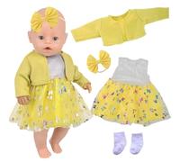Vêtements de poupée de 14 à 18 pouces, ensemble robe en gaze jaune comprenant une robe à paillettes, une veste jaune, un nœud et des chaussettes jaunes, jolies tenues de poupée de 43 cm, cadeau d'anni