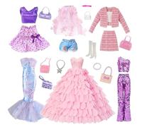 Vêtements de poupée rose pour poupées de 11,5 pouces - Compatible avec Barbie, robe de princesse - Ensemble tricoté grossièrement - Robe de scène - Pétale - Robe de sirène - Ensemble de 10 accessoires