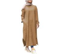 Vêtements de prière pour femme, col rond, manches longues, robe Abaya avec poches, fluide et décontracté, 03#_Kaki, 4XL