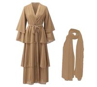 Vêtements de prière pour femmes Ensemble Dubaï Couleur unie Cardigan Musulman Simple Moderne Décontracté Robe longue musulmane avec ceinture et écharpe Ramadan Eid Prière Robe longue Cardigan, marron