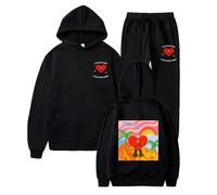 Vêtements De Sport Bad Bunny Double Face Imprimé Sweat À Capuche Ensemble Unisexe Tendance Rue Hip Hop Sweatshirt Ensemble Hommes Femmes Sweat À Capuche + Jogger Pantalon Ensemble-Black||S
