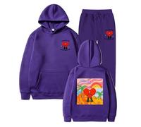 Vêtements De Sport Bad Bunny Double Face Imprimé Sweat À Capuche Ensemble Unisexe Tendance Rue Hip Hop Sweatshirt Ensemble Hommes Femmes Sweat À Capuche + Jogger Pantalon Ensemble-Black||S