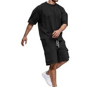 Vêtements de sport d'été tendance pour homme - Short cargo décontracté - Coupe confortable - Design léger - Matériau respirant pour un usage quotidien - Style urbain - Tenue deux pièces, Noir , XL