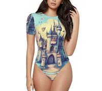 Vêtements de yoga, course à pied, fitness - T-shirt à manches courtes et col rond imprimé château de conte de fées, noir, XX-Large