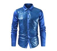Vêtements des années 70 pour homme - Chemise à paillettes pour homme - Tenue de Nouvel An brillante - Costume de fête disco vintage - Col à revers - Haut des années 80 - Costume de carnaval, bleu, M