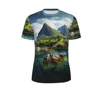Vêtements d'été imprimés des îles de Norvège T-shirt à manches courtes respirant pour occasions athlétiques décontractées, Noir , XL