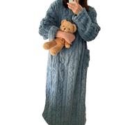 Vêtements d'intérieur en Velours Corail d'hiver, Pyjama Chaud en Flanelle épaisse pour Femme, Robe de Chambre Extra Longue pour Femme (Blue,L:130CM)