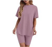 vêtements d'intérieur pour femmes, Women's Summer Pyjamas Set - Short Sleeve Round Neck T-Shirts & Cycling Shorts Two Piece Lounge Wear Outfit(01#Purple,L)