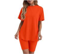 vêtements d'intérieur pour femmes, Women's Summer Pyjamas Set - Short Sleeve Round Neck T-Shirts & Cycling Shorts Two Piece Lounge Wear Outfit(01#Orange,L)