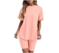 vêtements d'intérieur pour femmes, Women's Summer Pyjamas Set - Short Sleeve Round Neck T-Shirts & Cycling Shorts Two Piece Lounge Wear Outfit(01#Pink,M)