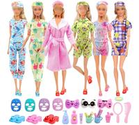 Vêtements et accessoires de poupée 28 pièces, 5 pyjamas, peignoirs, 7 masques, 3 pantoufles, 13 accessoires de salle de bain, vêtements de couchage et accessoires compatibles avec poupée Barbie de