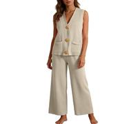 Vetements Femme- Ensemble Deux PièCes DéContracté Et Confortable DéBardeur sans Manches en Maille Ample Et Pantalon Large IdéAl L'éTé