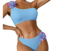 Vêtements Femme Ete Chic Ensemble Été Femme Chic Women's Spring Summer Solid Color Breast Top Flower Decorated Two Piece Swimsuit 3D Bikini Set Maillot 2 Pieces Maillot de Baîn (Sky Blue L)