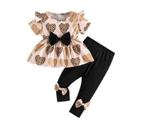 Vêtements Fille Tenue de Saint-Valentin pour bébé Fille Ensemble Deux Pièces d'Été avec Haut à Nœud Léopard et Pantalon Large à Motifs Cœurs (Khaki, 12-18 Months)