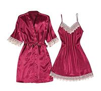 Vêtements Grandes Tailles pour Femmes 2 pièces Femmes Cou jarretière Robes Body Sexy Lingerie sous-vêtements Deep-V Ensemble Dentelle vêtements de Nuit pour Femmes Long Tee Shirt pour Dormir (Red, M)