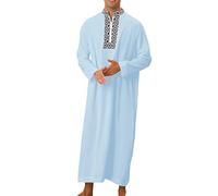 Vêtements islamiques, caftan à manches longues en lin thobe robes musulmanes pour homme robe boutonnée avec poches robe arabe prière serment vêtements col en V manches longues bouton haut Thobe côté
