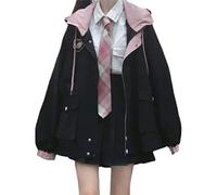 Vêtements Kawaii pour adolescentes Veste d'automne Kawaii Jolies vestes à capuche avec fermeture éclair pour filles Vestes d'extérieur mignonnes pour filles, Noir , XL