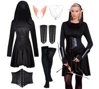 Vêtements médiévaux pour femme - Robe à capuche - Jupe - Costume de la Renaissance - Elfe de la Renaissance - Avec protège-bras, ceinture - Cosplay pour Halloween et carnaval