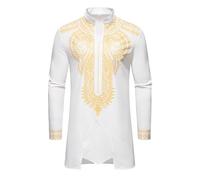 Vêtements musulmans à manches longues pour homme Ensemble chemise impression dorée dashiki et pantalon Costume traditionnel décontracté ethnique Ramadan Vêtements de prière pour hommes, O blanc., S