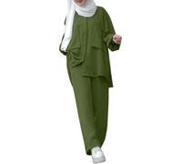 Vêtements musulmans pour femmes abaya ensemble 2 pièces chemise et pantalon boutonnés à manches longues tenues d'automne décontractées modestes (Vert olive,Grand)