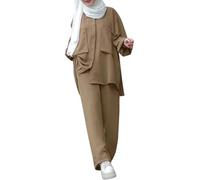 Vêtements musulmans pour femmes abaya ensemble 2 pièces chemise et pantalon boutonnés à manches longues tenues d'automne décontractées modestes (Kaki,Grand)