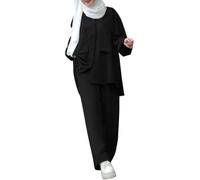 Vêtements musulmans pour femmes abaya ensemble 2 pièces chemise et pantalon boutonnés à manches longues tenues d'automne décontractées modestes (Noir,TTG)