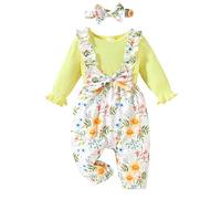 Vêtements pour bébé fille, barboteuse à manches volantées, body jaune avec nœud floral, combinaison une pièce, ensemble de tenue 3-6 mois